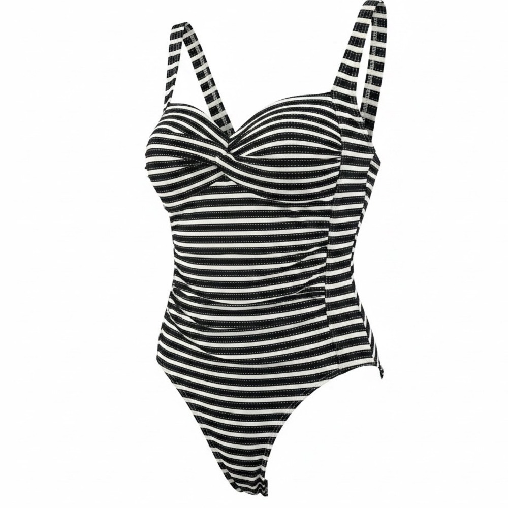 Nip Tuck Swim One Piece Swimsuit Size 8 Black White Striped Ruched Tummy Control